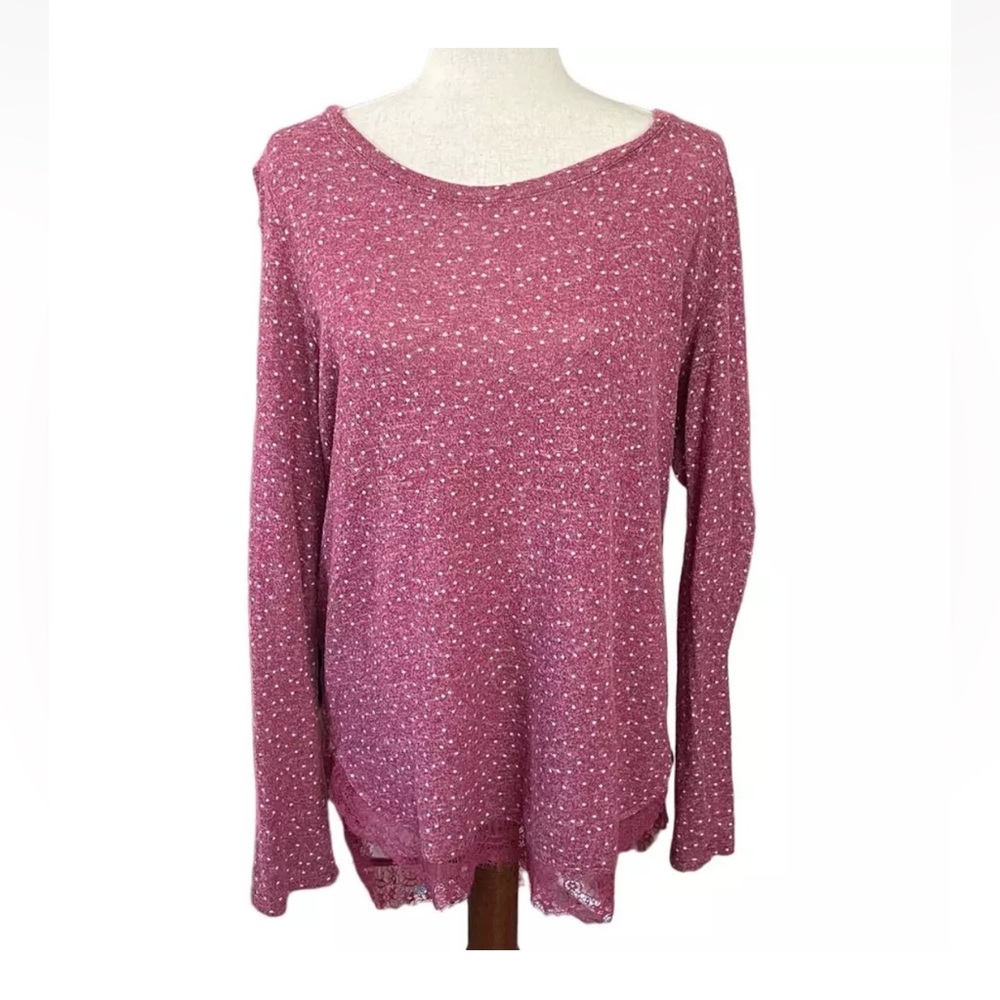 Lauren Conrad Lace and Ribbon Polka Dot Oversized Top Cranberry Pink, Size L